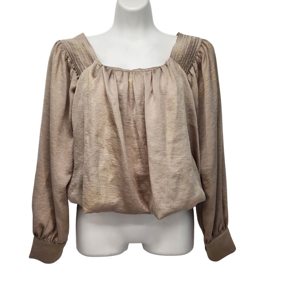 Current Air Champagne Gold Shimmer Balloon Sleeve Bloused Cropped Top Women's S